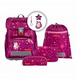 Pinkes Einhorn-Schulranzen-Set mit passendem Zubehör: Rucksack, Mäppchen, Geldbörse und Sportbeutel.