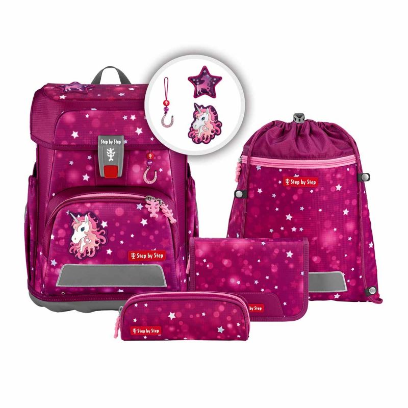 Pinkes Einhorn-Schulranzen-Set mit passendem Zubehör: Rucksack, Mäppchen, Geldbörse und Sportbeutel. Pinkes Einhorn-Schulranzen-Set mit passendem Zubehör: Rucksack, Mäppchen, Geldbörse und Sportbeutel.