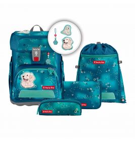 Türkises Rucksack-Set mit Hundemotiven: Rucksack, Beutel und Taschen.