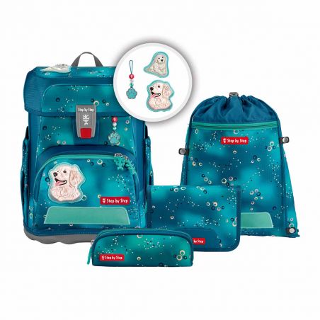Türkises Rucksack-Set mit Hundemotiven: Rucksack, Beutel und Taschen.
