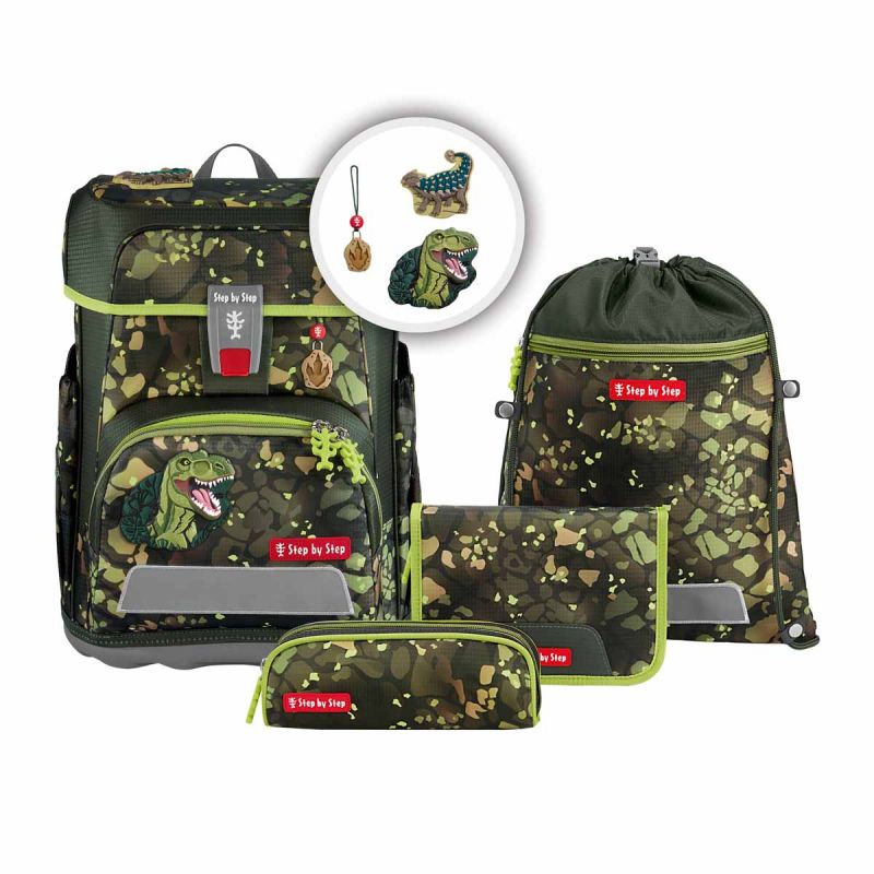 Grünes Dinosaurier-Schulranzen-Set mit passendem Mäppchen, Turnbeutel, Geldbörse und weiterem Zubehör. Grünes Dinosaurier-Schulranzen-Set mit passendem Mäppchen, Turnbeutel, Geldbörse und weiterem Zubehör.