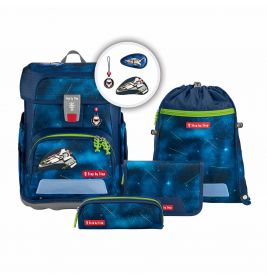 Schulrucksack-Set mit Weltraum-Motiv: Rucksack, Federmäppchen, Tasche und Turnbeutel.