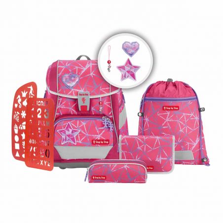 Rosa Schulrucksack-Set mit Federmäppchen, Turnbeutel, Schablonen und zwei sternförmigen Anhängern.