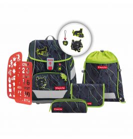 Schulranzen-Set in Schwarz-Grün mit Zubehör und Schablone mit Tiermotiven und Symbolen.