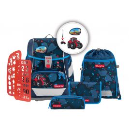 Blau-rotes Schulranzen-Set mit Traktor-Motiv: Rucksack, Federmäppchen, Schablone und Turnbeutel inklusive.