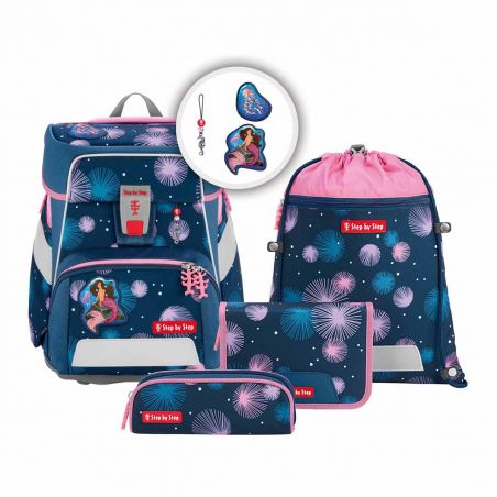 Blau-rosa Schulranzen-Set mit Meerjungfrau-Motiven: Rucksack, Turnbeutel, Federmäppchen und Geldbörse.