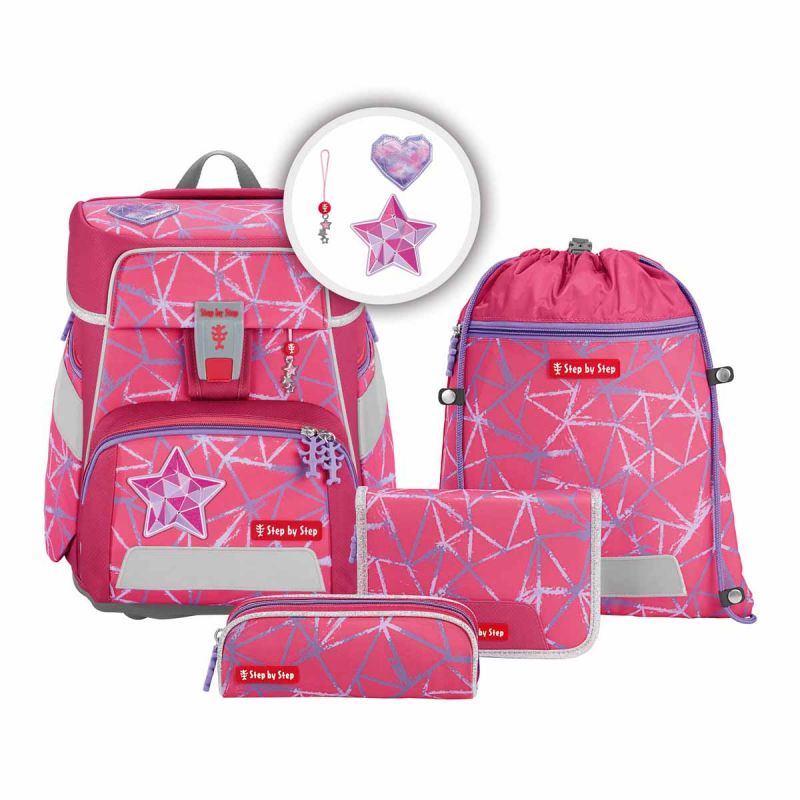Set aus pinken Schultaschen und Zubehör mit Sternmustern: Rucksack, Federmäppchen, Geldbörse und Sporttasche.