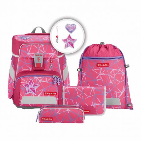 Set aus pinken Schultaschen und Zubehör mit Sternmustern: Rucksack, Federmäppchen, Geldbörse und Sporttasche.