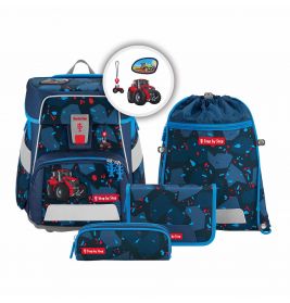 Schulranzen-Set mit Traktor-Motiv: Ranzen, Federmäppchen, Geldbörse und Turnbeutel.