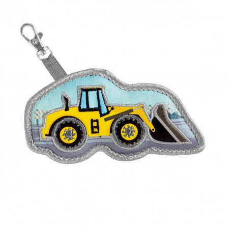 Schlüsselanhänger mit gelbem Bulldozer-Stickmotiv und kleinem Metallverschluss oben links.