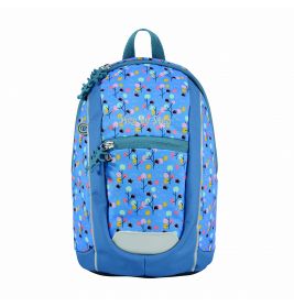 Blauer Rucksack mit buntem Blumen- und Punktmuster, Frontreißverschlussfach und hellblauen Akzenten.