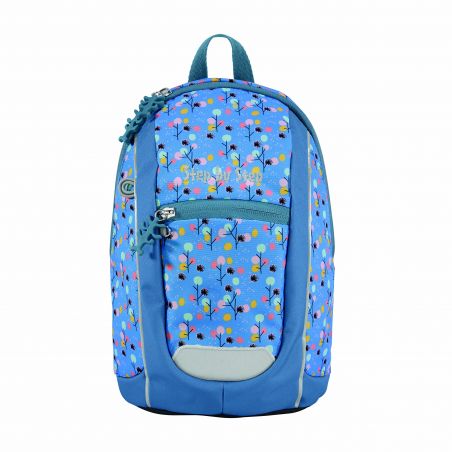 Blauer Rucksack mit buntem Blumen- und Punktmuster, Frontreißverschlussfach und hellblauen Akzenten.