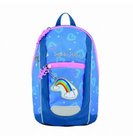 Blauer Kinder-Rucksack mit Herzmustern, Regenbogen-Aufnäher und pinken Reißverschlussakzenten.