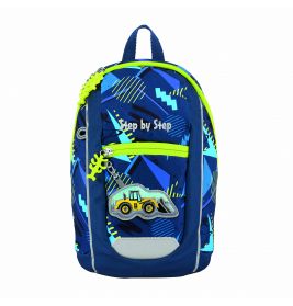 Blau-grüner Kinder-Rucksack mit geometrischem Muster und gelbem Bagger-Patch auf der Front.