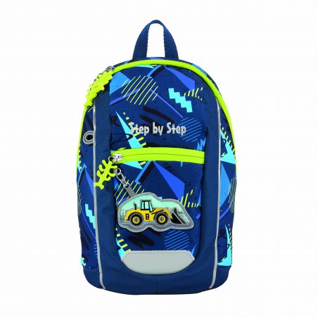 Blau-grüner Kinder-Rucksack mit geometrischem Muster und gelbem Bagger-Patch auf der Front.
