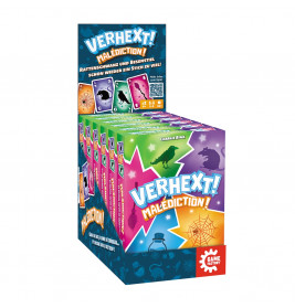 Display-Box mit Verhext! Malédiction! Kartenspielen und farbenfrohen, magisch gestalteten Motiven.