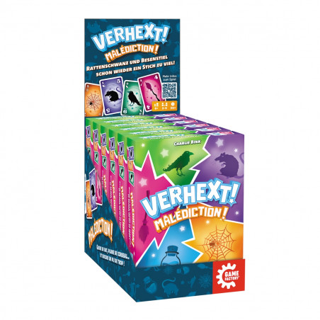Display-Box mit Verhext! Malédiction! Kartenspielen und farbenfrohen, magisch gestalteten Motiven.