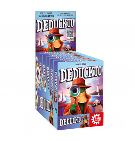 Deduckto-Kartenspiel-Displaybox mit Enten-Detektiv vor Leuchtturm und Schiff.