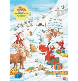 Cartoon-Tiere schmücken im Schnee einen Weihnachtsbaum, öffnen Geschenke nummerierte Adventskalenderfenster.
