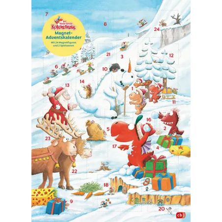 Cartoon-Tiere schmücken im Schnee einen Weihnachtsbaum, öffnen Geschenke nummerierte Adventskalenderfenster.