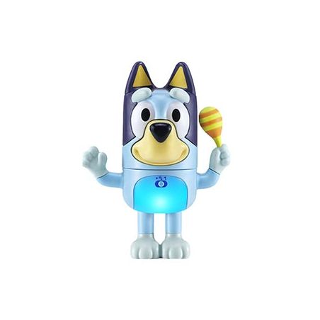 Spielfigur eines blauen Cartoon-Hundes mit leuchtendem Bauch, der eine gelbe-orange Maraca in der Hand hält.