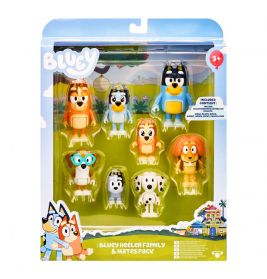 Bluey Heeler Family & Mates Spielset mit 8 bunten Figuren in einer Präsentationsbox.