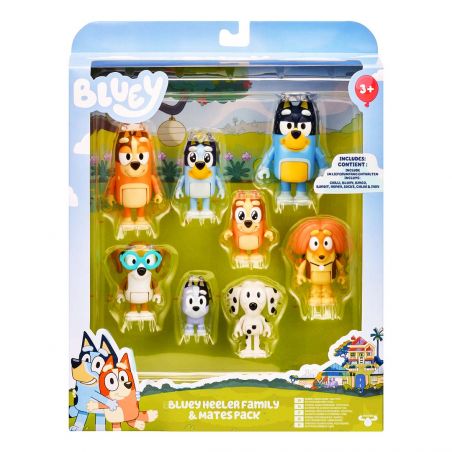 Bluey Heeler Family & Mates Spielset mit 8 bunten Figuren in einer Präsentationsbox.