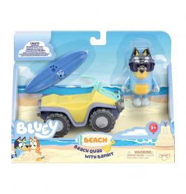 Bluey Strand-Quad mit Bandit Spielset in Verpackung, enthält Quad, Surfbrett und Bandit-Figur.