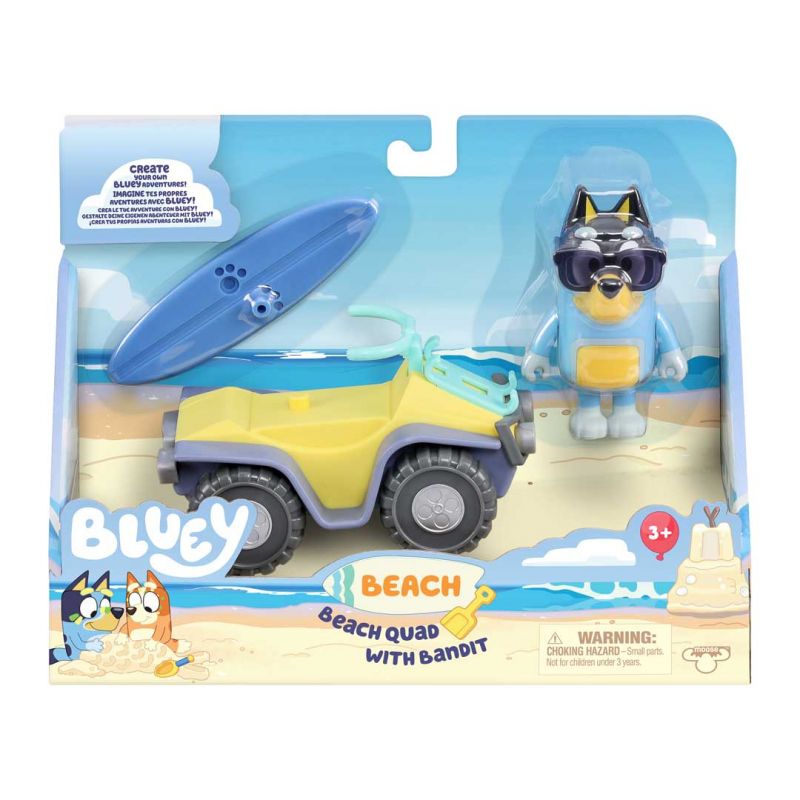 Bluey Strand-Quad mit Bandit Spielset in Verpackung, enthält Quad, Surfbrett und Bandit-Figur.