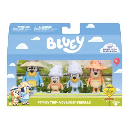 Bluey-Spielset mit vier Tierfiguren in Reiseoutfits, verpackt in bunter Box mit Aufschrift Family Trip.