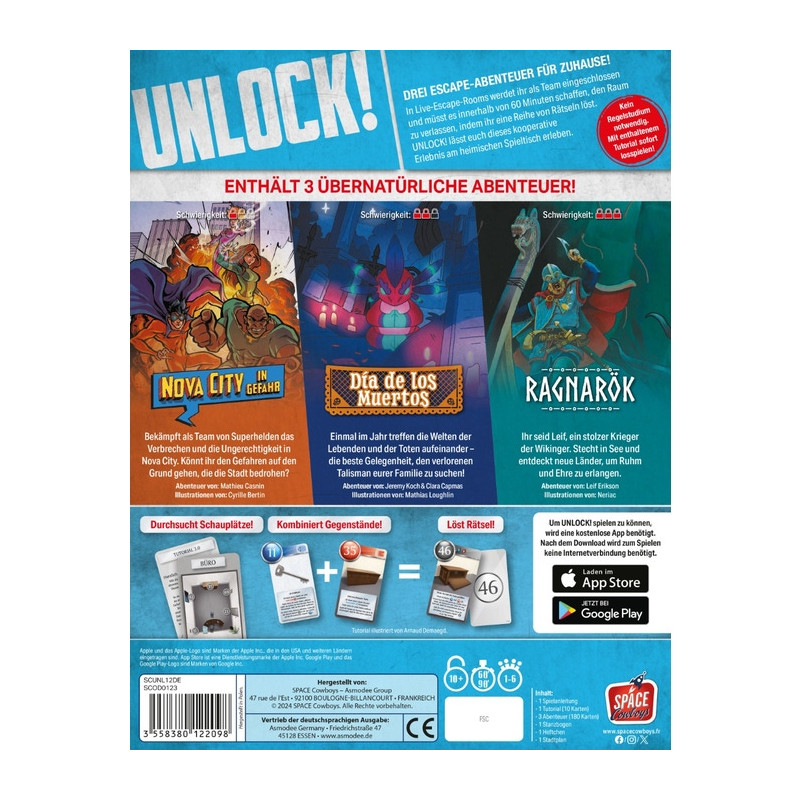 Rückseite der Unlock!-Box mit drei übernatürlichen Escape-Abenteuern und Spielanleitung. Rückseite der Unlock!-Box mit drei übernatürlichen Escape-Abenteuern und Spielanleitung.