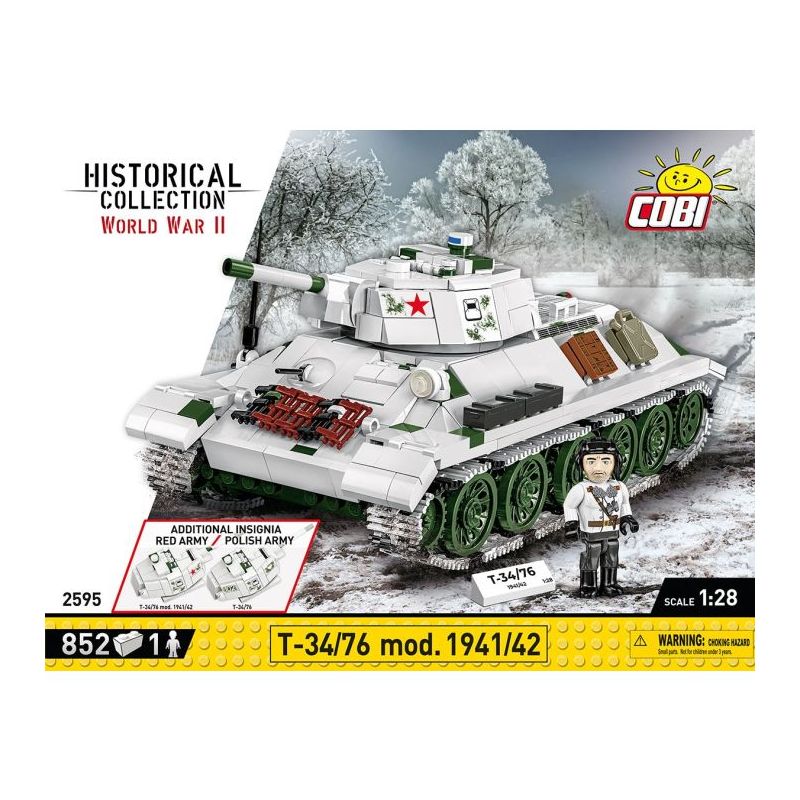 COBI T-34/76 WWII Panzer-Bausatz (852 Teile) auf Box mit Panzerbild und Figur vor verschneitem Hintergrund. COBI T-34/76 WWII Panzer-Bausatz (852 Teile) auf Box mit Panzerbild und Figur vor verschneitem Hintergrund.