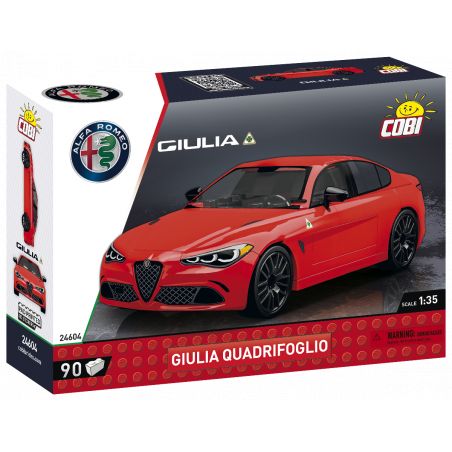 Bauset-Box mit rotem Alfa Romeo Giulia Quadrifoglio Sportwagen im Maßstab 1:35.