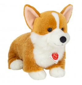 Plüsch-Corgi mit braunem Fell, weißen Abzeichen und rotem Halsband.