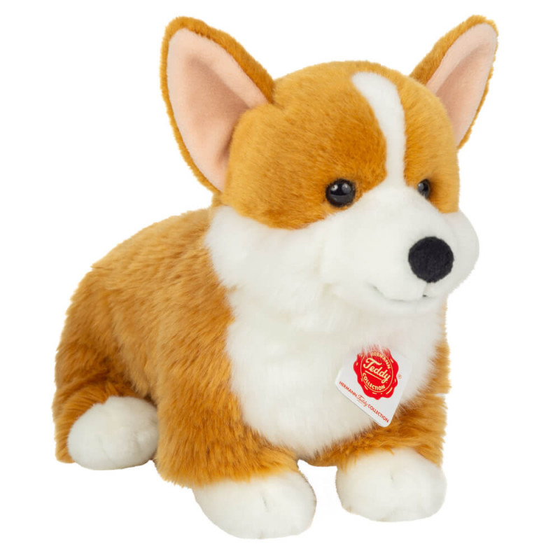 Plüsch-Corgi mit braunem Fell, weißen Abzeichen und rotem Halsband.
