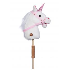 Spielzeugstab mit weißem Einhornkopf, rosa Zaumzeug und Horn, Holzgriff.