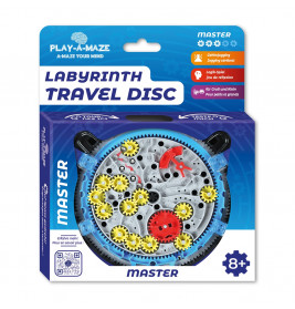 Play-A-Maze Labyrinth-Spiel in Verpackung mit gelben Zahnrädern, rotem Hebel, geeignet ab 8 Jahren.