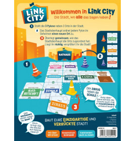 Bunte deutsche Spielanleitung zu Link City mit Stadtplättchen, Pylonen und weiteren Spielmaterialien.