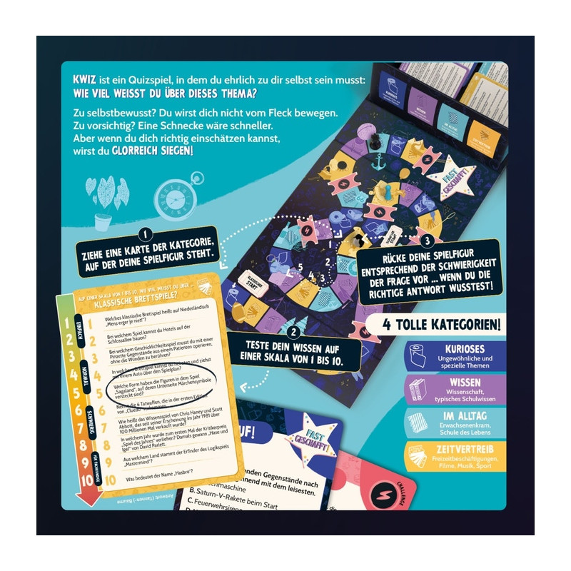 Ein deutsches Brettspiel mit bunten Karten, Spielfiguren sowie Anleitungen zum Spielen und Punkten.