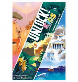 Buntes Unlock! Kinder-Spielcover mit Tieren, Dschungel, griechischen Tempeln und einem Boot auf dem Meer.
