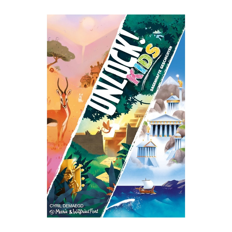 Buntes Unlock! Kinder-Spielcover mit Tieren, Dschungel, griechischen Tempeln und einem Boot auf dem Meer.