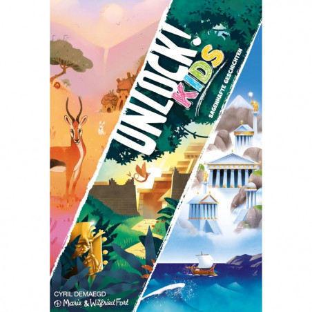 Buntes Unlock! Kinder-Spielcover mit Tieren, Dschungel, griechischen Tempeln und einem Boot auf dem Meer.