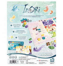 Rückseite der Inori-Box mit Spielmaterial, Illustrationen und Anleitung auf Deutsch.