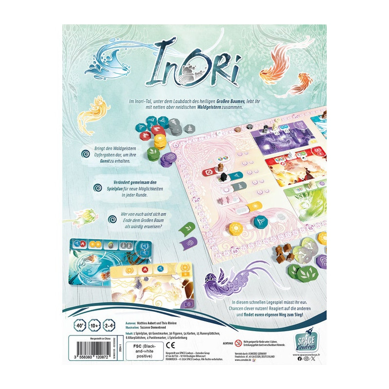 Rückseite der Inori-Box mit Spielmaterial, Illustrationen und Anleitung auf Deutsch. Rückseite der Inori-Box mit Spielmaterial, Illustrationen und Anleitung auf Deutsch.