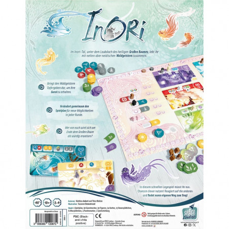 Rückseite der Inori-Box mit Spielmaterial, Illustrationen und Anleitung auf Deutsch.