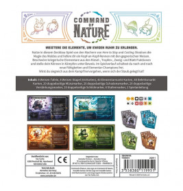 Rückseite der Command of Nature-Spielbox mit Spielbeschreibung, Komponentenliste und Kartenabbildungen.