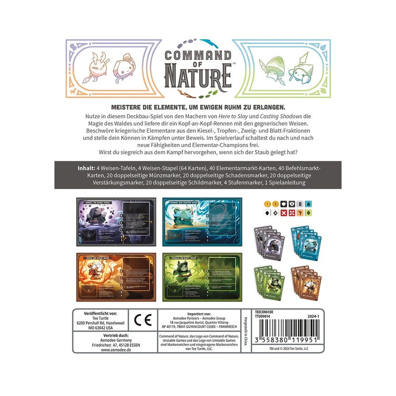 Rückseite der Command of Nature-Spielbox mit Spielbeschreibung, Komponentenliste und Kartenabbildungen. Rückseite der Command of Nature-Spielbox mit Spielbeschreibung, Komponentenliste und Kartenabbildungen.
