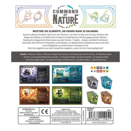 Rückseite der Command of Nature-Spielbox mit Spielbeschreibung, Komponentenliste und Kartenabbildungen.