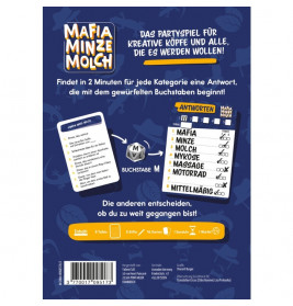 Blaues Partyspiel mit Karten, Würfeln, deutscher Aufschrift Mafia Minze Molch und Anleitung.