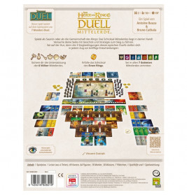 Rückseite der Herr der Ringe: Duell-Box mit Spielmaterial, Karten, Spielbrett und deutschem Text.